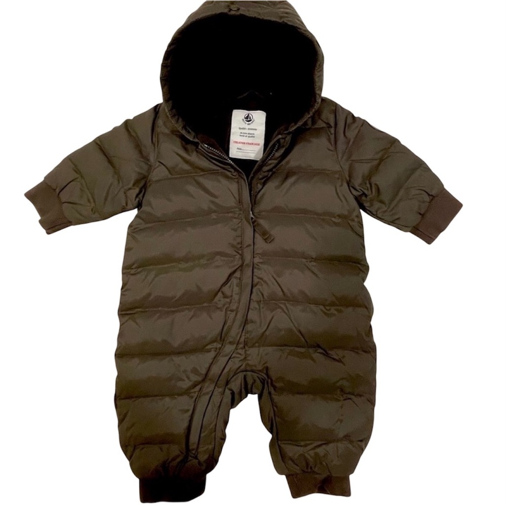 Petit Bateau Down Filled Baby Snowsuit Brown Hooded Puffer Bunting Size 6 Month